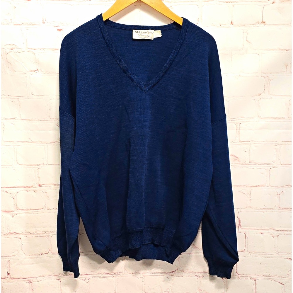 St. Croix Knits Men's Blue 100% Wool Knit V-Neck Ribbed Pullover Sweater L